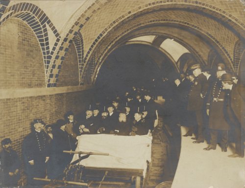 Edward Levick. Mayor McClellan on first subway trip. 1904