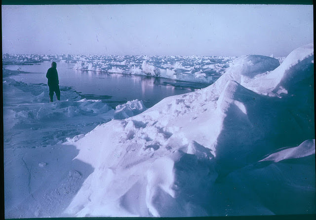 Sir Ernest Shackleton watching a lead forming, 1915