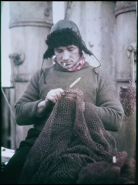 The Bosun ,John Vincent, of the 'Endurance' mending a net, 1915