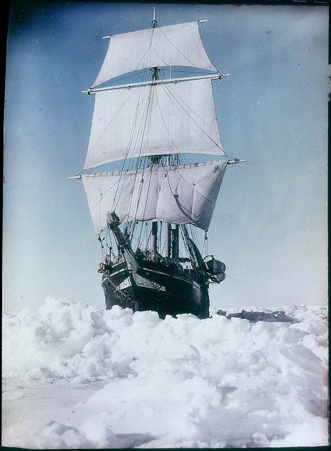 The 'Endurance' under full sail, held up in the Weddell Sea, 1915