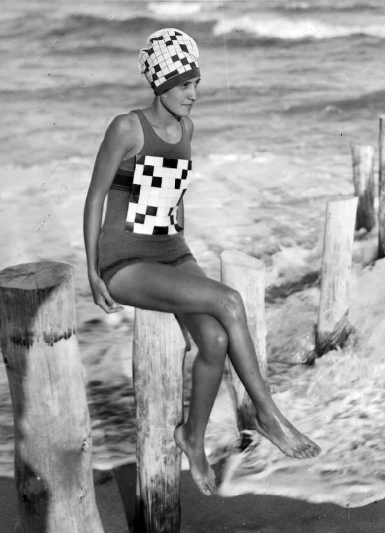 Verna Lee Fisher sporting her newly created crossword swimsuit with matching bathing hat, at Palm Beach, 1933
