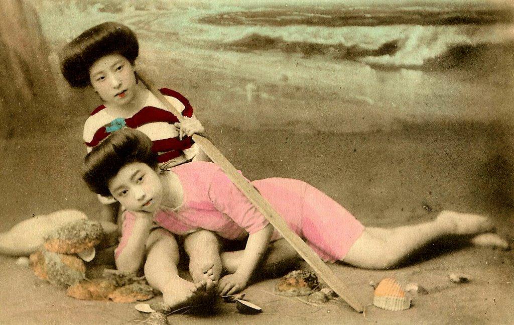 Geishas beach fashion, 1930s (Japanese women who entertain through performing the ancient traditions of art, dance and singing)