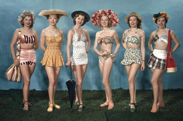 Any color could be found on a swimsuit, but patriotic colors were popular as well as floral patterns, 1940s