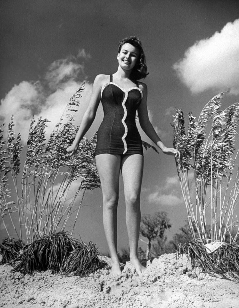 Model posing in bathing suit in Florida, 1945