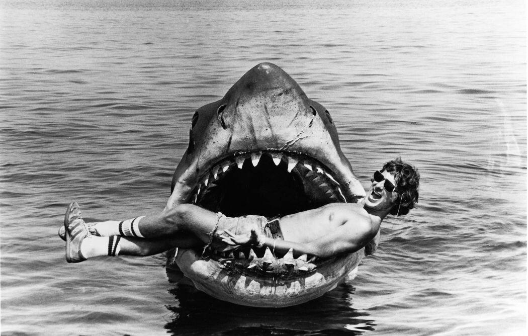 Steven Spielberg in “Bruce” the Shark’s mouth during the filming of “Jaws” , 1975