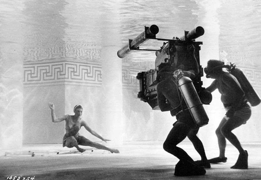 Actress Esther Williams being filmed underwater during the making of "Jupiter's Darling", 195