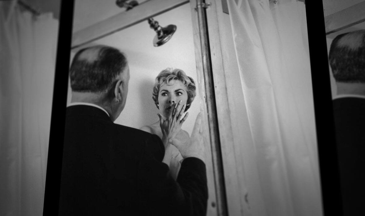Alfred Hitchcock directing Janet Leigh in the shower scene from “Psycho”, 1959