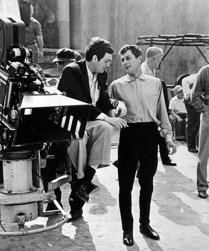 Stanley Kubrick and Tony Curtis on set during the making of " Spartacus", 1960