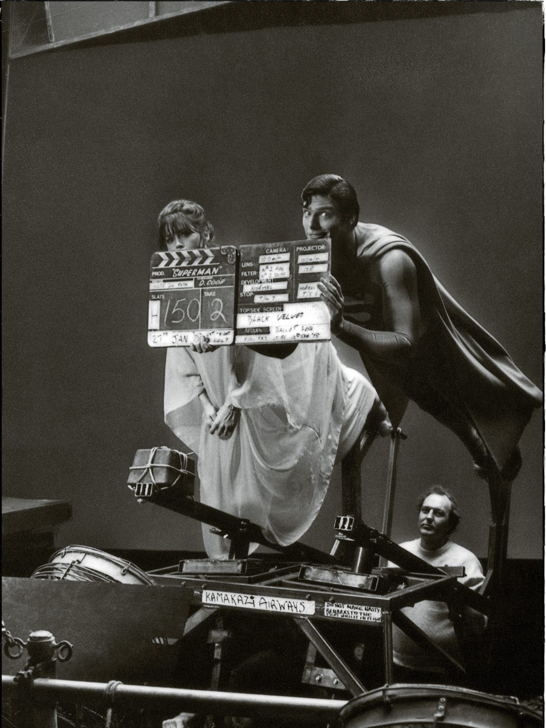 Christopher Reeve and Margot Kidder filming the first Superman movie, 1978