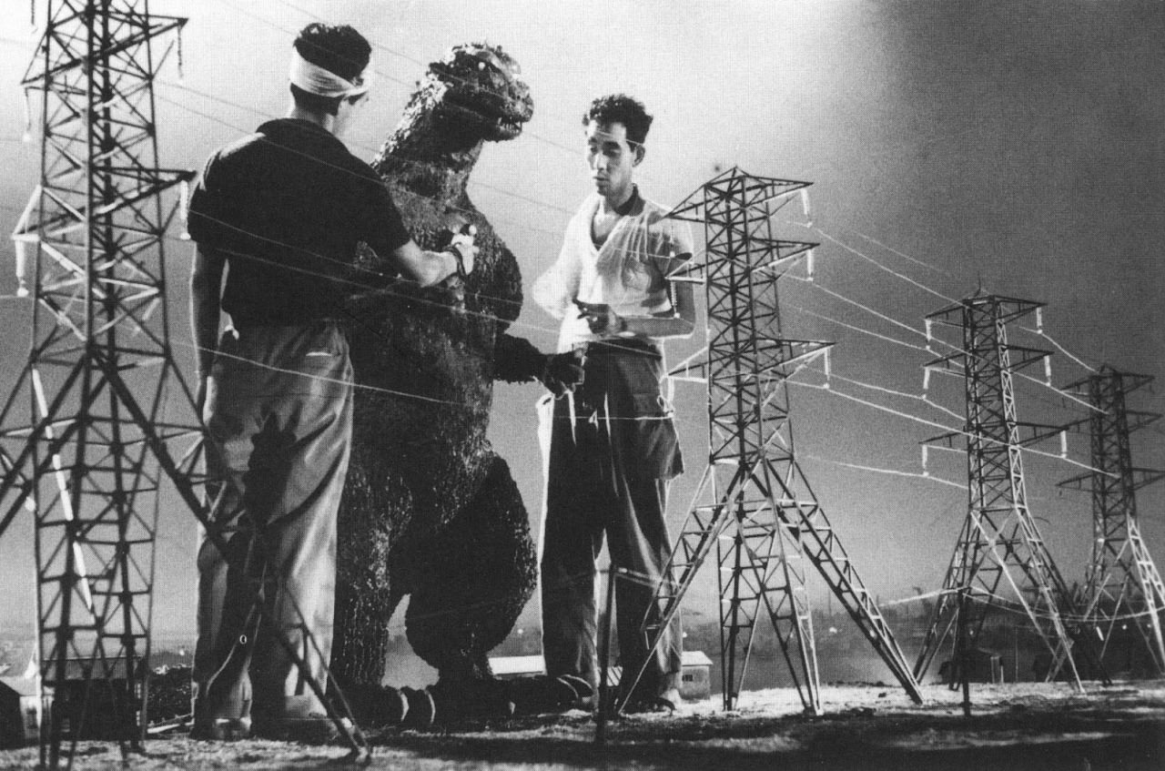 Preparing models and set to film the first 'Godzilla' movie, 1954