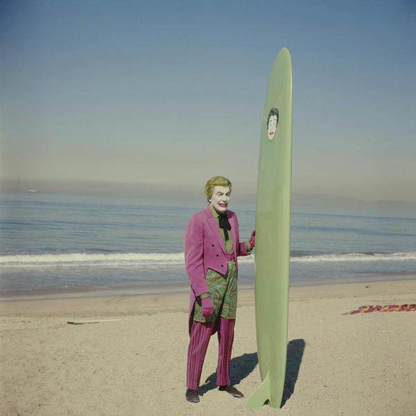 Cesar Romero prior to film his surfing scene with Adam West in "Batman", 1967