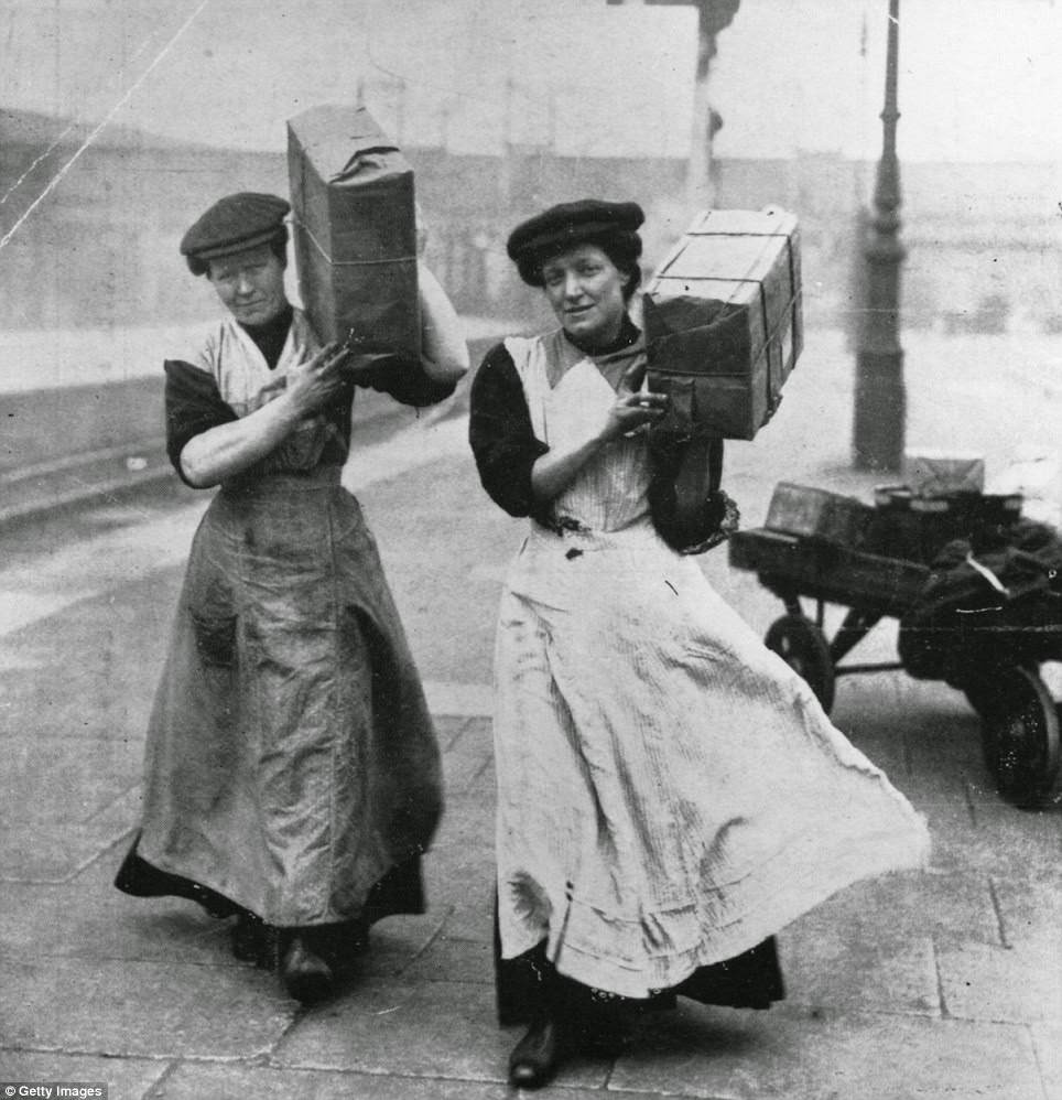 Women employed in the transport industry increased by 555 per cent during the war, and included this pair of female porters at Marylebone Station in 1915.