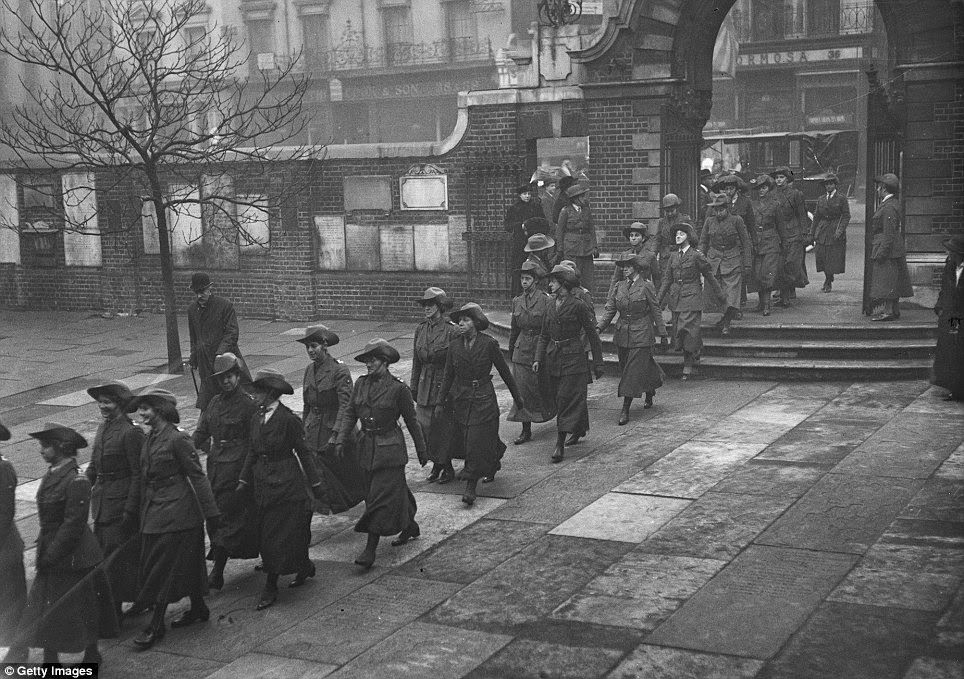 Female ambulance workers, such as this group photographed in November 1915, served both at home and on the front line.