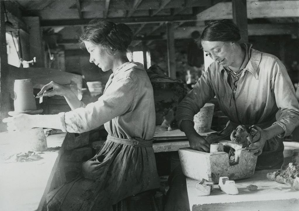 British women moulding and finishing stoneware taps at terra cotta works in Leicestershire