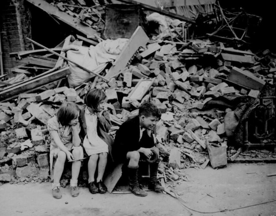 Children of an eastern suburb of London, who have been made homeless by the random bombs of the Nazi night raiders, 1940.