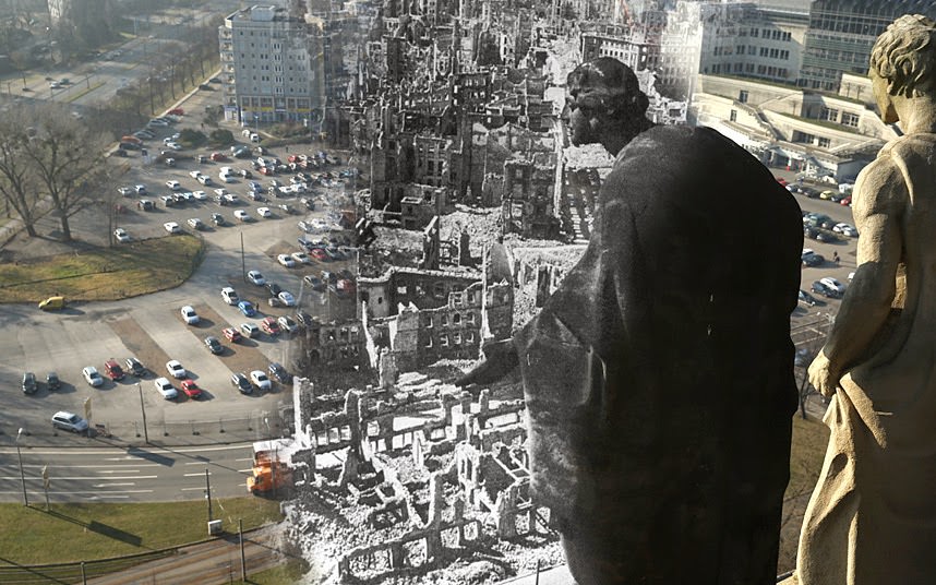 THEN: A statue on the tower of City Hall looking down at the ruins of the city centre. NOW: the same scene on 12 February 2015.