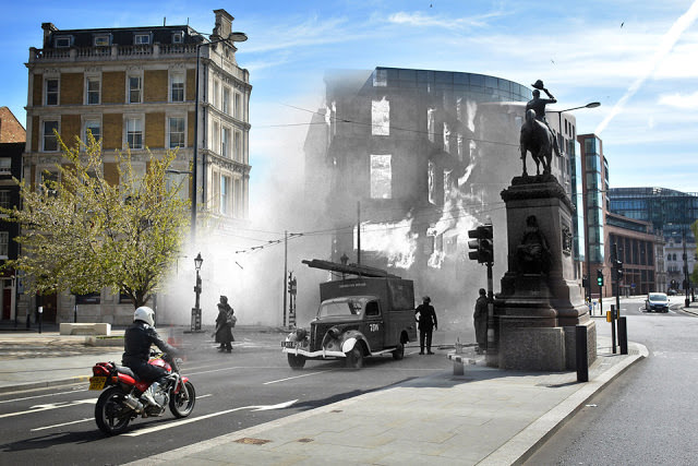THEN: A blaze in the Negretti and Zambra building at Holborn Circus, London, after a German bombing raid. NOW: A street scene at Holborn Circus on May 1, 2016 in London, England.