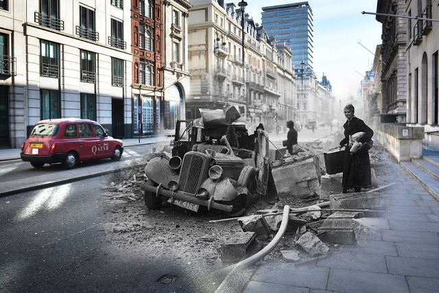 THEN: A wrecked Humber car on Pall Mall, London after an air raid during the London Blitz, 15th October 1940. NOW: A street scene at Pall Mall in Piccadilly on May 1, 2016 in London, England.