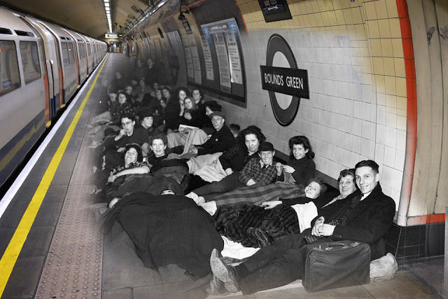 THEN: Londoners sheltering on a platform at Bounds Green tube station during an air raid in The Blitz.NOW: A platform at Bounds Green underground station on May 1, 2016 in London, England.