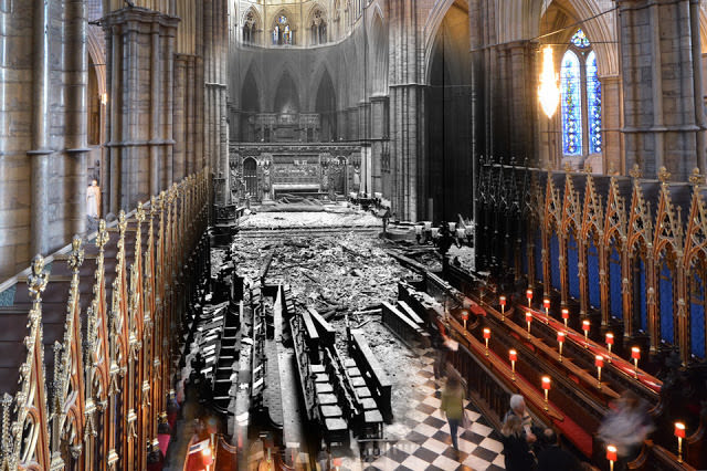 THEN: The interior of Westminster Abbey after a German bombing raid. NOW: A view of the choir and altar of Westminster Abbey, on January 13, 2015 in London, England.