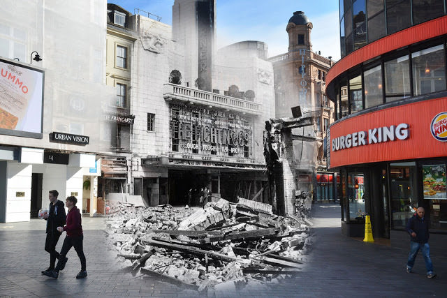 THEN: Bomb damage in London's Leicester Square caused by German air raids during the Blitz, 1941. NOW: A view of the Vue cinema in Leicester Square on May 1, 2016 in London, England.