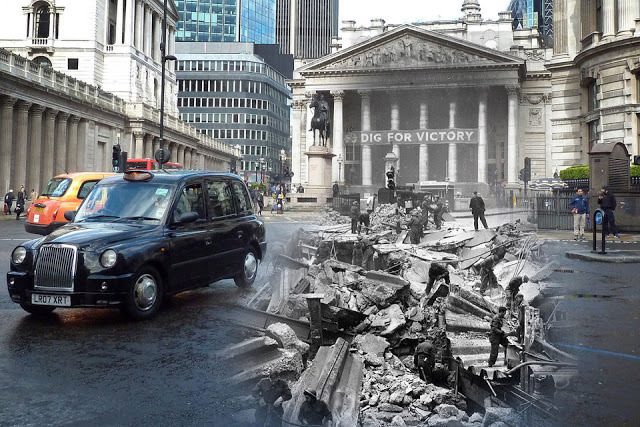 THEN: Soldiers help to clear the debris of Bank Underground Station, in front of The Royal Exchange, London, the morning after receiving a direct hit during the Blitz. NOW: A street scene at Bank junction in front of the Royal Exchange on April 25, 2016 in London, England.