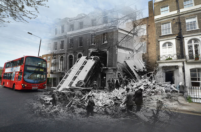 THEN: A bus is left leaning against the side of a terrace in Harrington Square, Mornington Crescent, in the aftermath of a German bombing raid on London in the first days of the Blitz, 9th September 1940. NOW: A view of modern social housing near Mornington Crescent on April 21, 2016 in London.