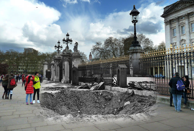 THEN: A crater and damaged railings outside Buckingham Palace, London, after the explosion of a German bomb dropped in an air raid the previous day. NOW: Tourists gather outside Buckingham Palace on April 26, 2016 in London, England.