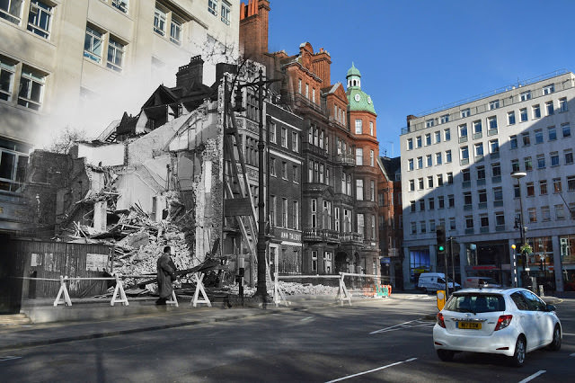THEN: Bomb damage caused by a World War II air raid on Berkeley Square, London, 29th April 1942. NOW: A street scene in Berkeley Square, Mayfair on May 1, 2016 in London, England.
