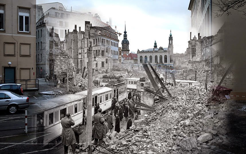 THEN: Moritzstrasse and the Juedenhof palace in 1946 NOW: the same area on 7 February 2015.