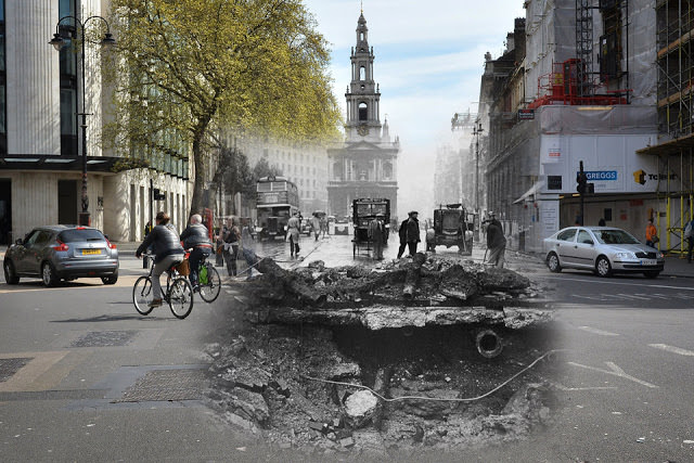THEN: A huge hole in the Strand, where a bomb was dropped during an air raid over central London. NOW: A street scene looking down the Strand towards St.Mary-le-Strand church, on May 1, 2016 in London, England.