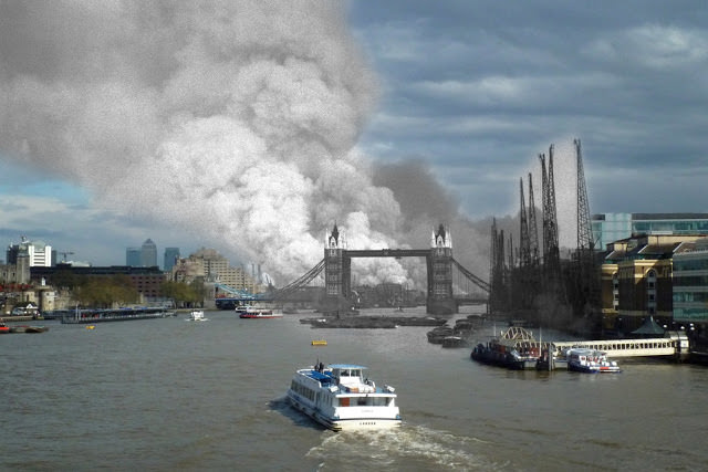 THEN: A view east down the Thames towards smoke rising from fires in Surrey docks, following the first German air raid of the London Blitz, 7th September 1940. NOW: A view of Tower Bridge on the River Thames on April 25, 2016 in London, England.