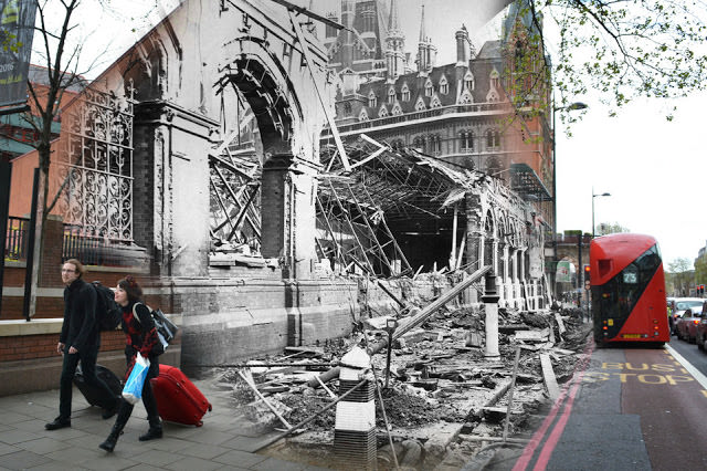 THEN: An area near St Pancras Station in London showing the damage caused by a German air raid during the London blitz in World War II. NOW: A view of the British Library beside St Pancras hotel on May 3, 2016 in London, England.