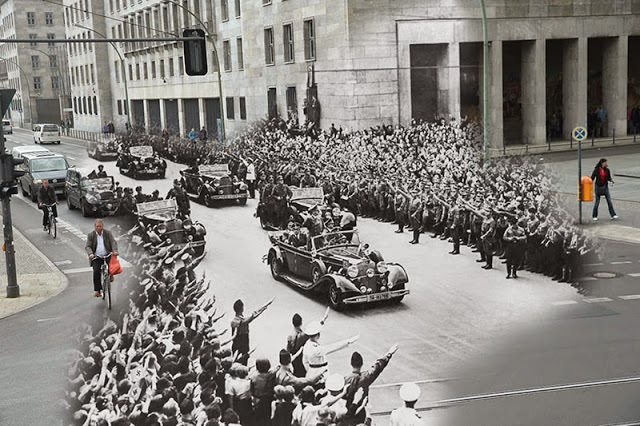 THEN: Crowds saluting to Adolf Hitler passing by in a motorcade on October 2, 1938. NOW: A view from approximately the same perspective along on April 30, 2015 in Berlin, Germany.