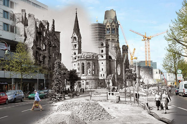 THEN: People walking past the ruins of the Kaiser Wilhelm Memorial Church on July, 20, 1945. NOW: A view from the same perspective along Budapester Strasse on May 2, 2015 in Berlin, Germany.