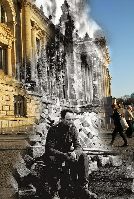 THEN: A German soldier sitting in front of the ruins of the Reichstag at the end of Worl War II on May 9, 1945. NOW: A view from the same perspective on March 18, 2015 in Berlin, Germany.