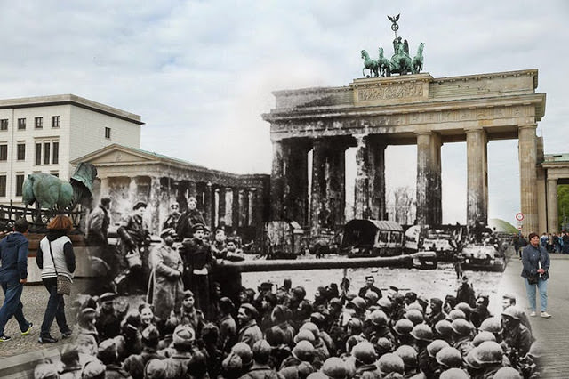 THEN: Russian and U.S. troops in front of the ruins of the Brandenburg Gate at the end of World War II in 1945. NOW: A view from the same perspective on May 2, 2015 in Berlin, Germany.