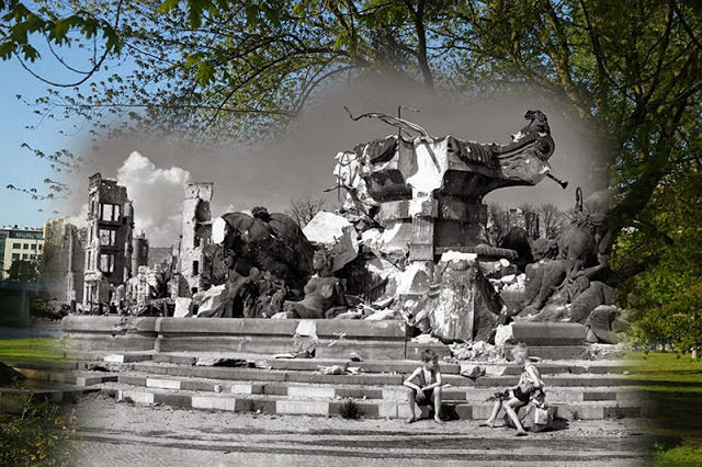 THEN: Two boys sitting at thr ruins of the Hercules fountain at Luetzowplatz after World War II in 1945 in Berlin. A view from the same perspective on April 29, 2015 in Berlin, Germany.