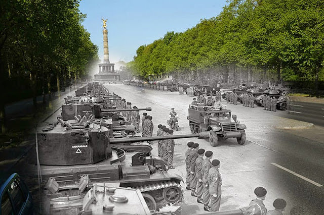 THEN: British Field Marshall Bernard Montgomery addressing Allied troops near Tiergarten park after World War II in 1945 in Berlin, Germany. NOW: A view from the same perspective on April 29, 2015 in Berlin, Germany.