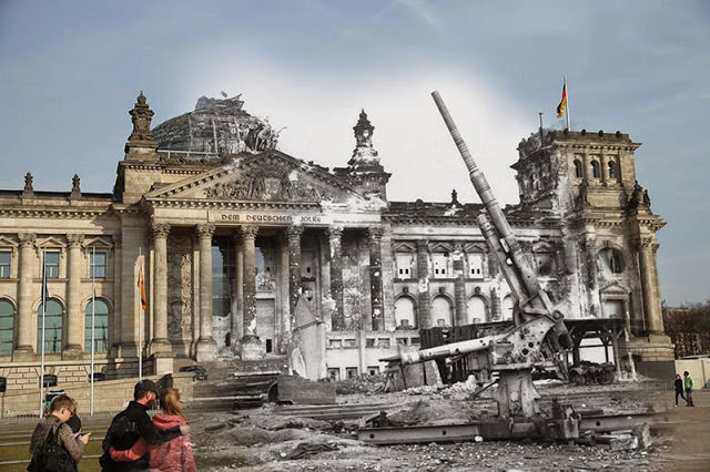 THEN: A German artillery gun standing in front of the ruins of the Reichstag after World War II in July, 1945 in Berlin, Germany. NOW: A view from the same perspective on March 20, 2015 in Berlin, Germany.