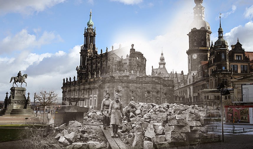 THEN: The ruins at Theaterplatz square in 1946. NOW: Residenzschloss Dresden palace , 2015