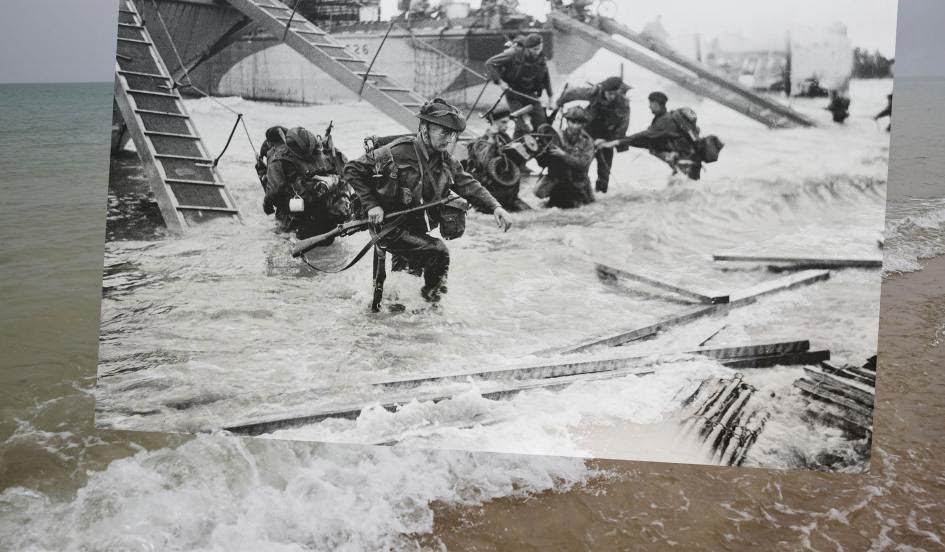 THEN: The view of Juno beach on June 6, 1944 and in 2004. The British 2nd Army: Royal Marine Commandos of Headquarters, 4th Special Service Brigade made landfall on French soil. NOW: The Same Location.