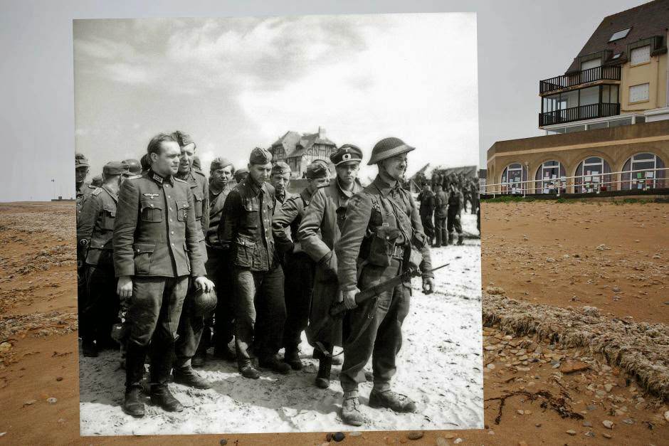 THEN: German prisoners were gathered at the beach of Bernières-sur-Mer, France. NOW: The Same Location.