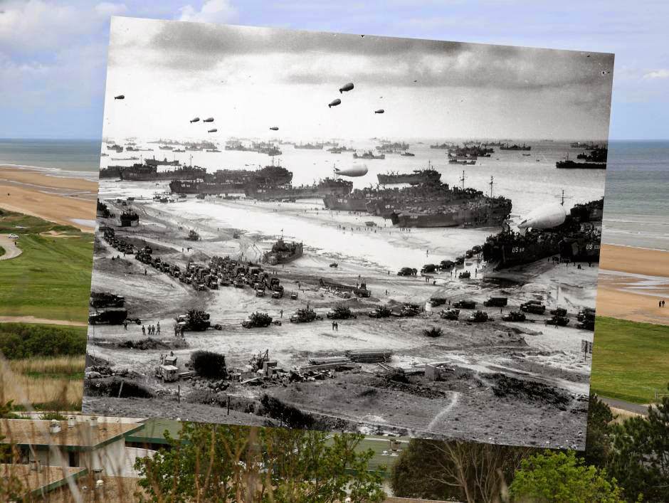 THEN: An American armada gathered off of Omaha Beach, Normandy, in 1944.  NOW: The same beach Today.