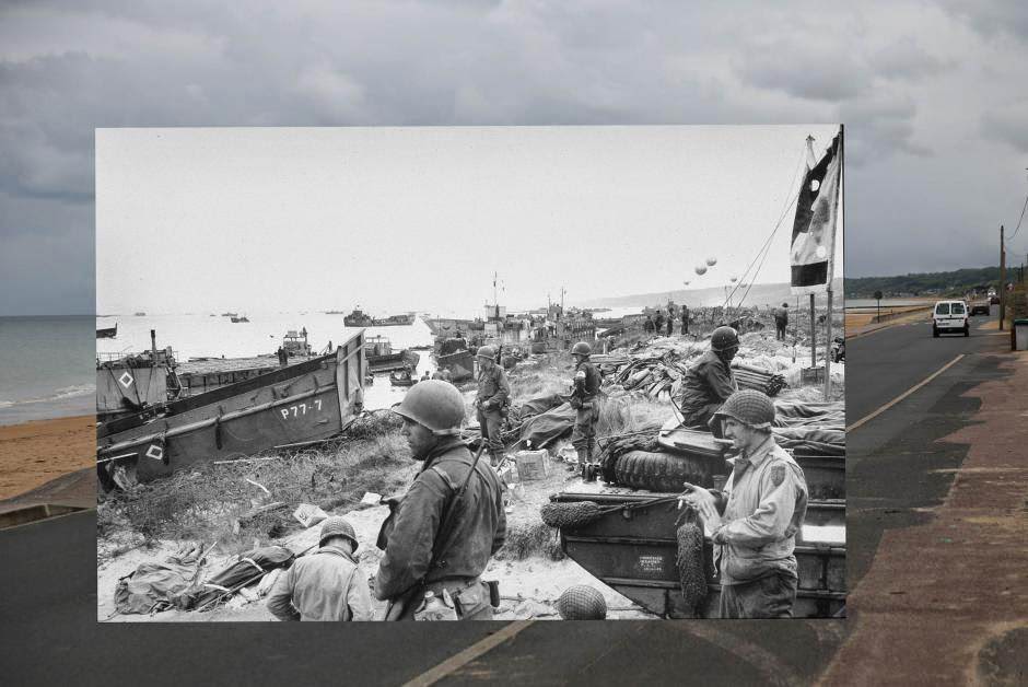 THEN: American troops on Omaha Beach. NOW: The same beach today.