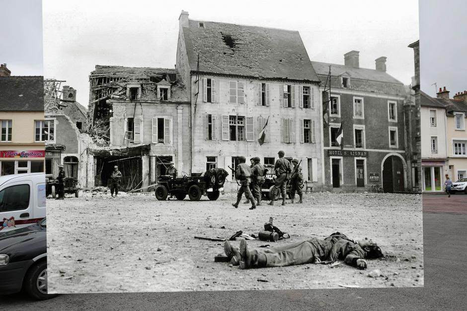 THEN: A dead Germany soldier in Trevieres, France, on June 15, 1944. NOW: The the same village today.