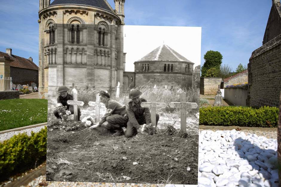 THEN: Three soldiers of the 23rd Field Ambulance of the 3rd Canadian Infantry Division place flowers on graves in June 1944.  NOW: The graveyard today.