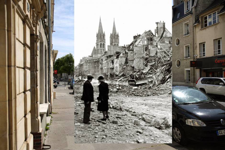 THEN: An older couple watch a Canadian soldier with a bulldozer working in the ruins of a house in the rue de Bayeux on July 10, 1944.  NOW: The same place.