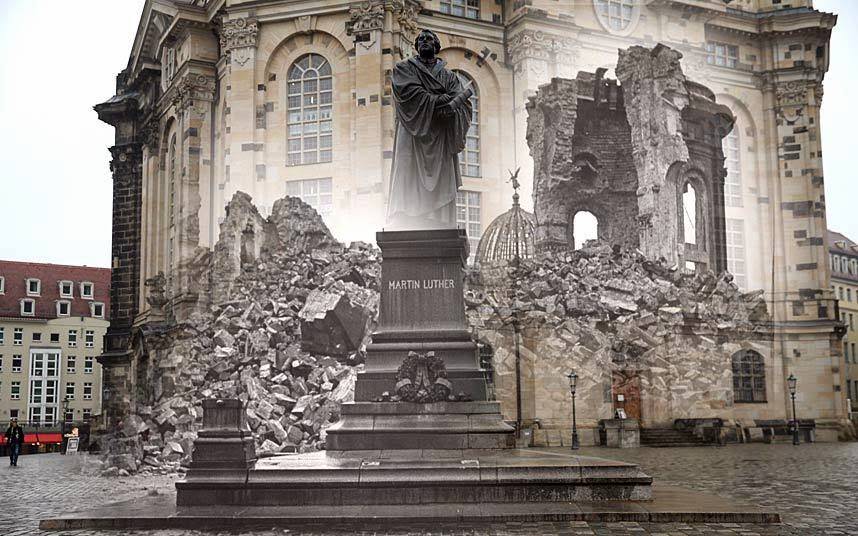 THEN: The ruins of the Frauenkirche church and the empty pedestal for a statue of Martin Luther in 1946. NOW: The reconstructed church and statue, 2015.