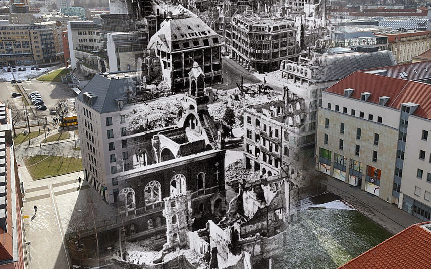 THEN: The ruins of the city centre, including Prager Strasse NOW: The same view on 7 February 2015.